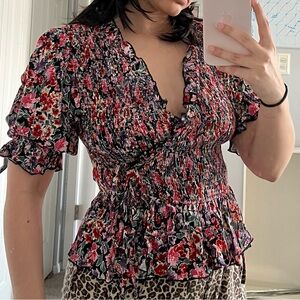 Topshop Black Floral Smocked Peplum Blouse